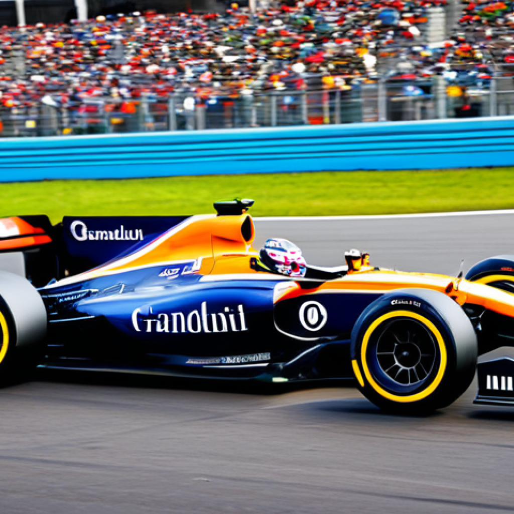 A high-performance Formula 1 racing car, sleek and aerodynamic in design, racing at high speed on a pristine asphalt racetrack. The car features vibrant colors and detailed sponsor decals, optimized for maximum downforce and precision. The background showcases modern grandstands and a clear sky, capturing the exhilarating atmosphere of a professional motorsport event. Professional photography, high quality, perfect anatomy, correct proportions, well-formed chassis, natural body proportions for the vehicle, safe for work, appropriate content, fully clothed, professional.