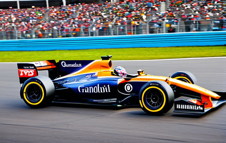 A high-performance Formula 1 racing car, sleek and aerodynamic in design, racing at high speed on a pristine asphalt racetrack. The car features vibrant colors and detailed sponsor decals, optimized for maximum downforce and precision. The background showcases modern grandstands and a clear sky, capturing the exhilarating atmosphere of a professional motorsport event. Professional photography, high quality, perfect anatomy, correct proportions, well-formed chassis, natural body proportions for the vehicle, safe for work, appropriate content, fully clothed, professional.