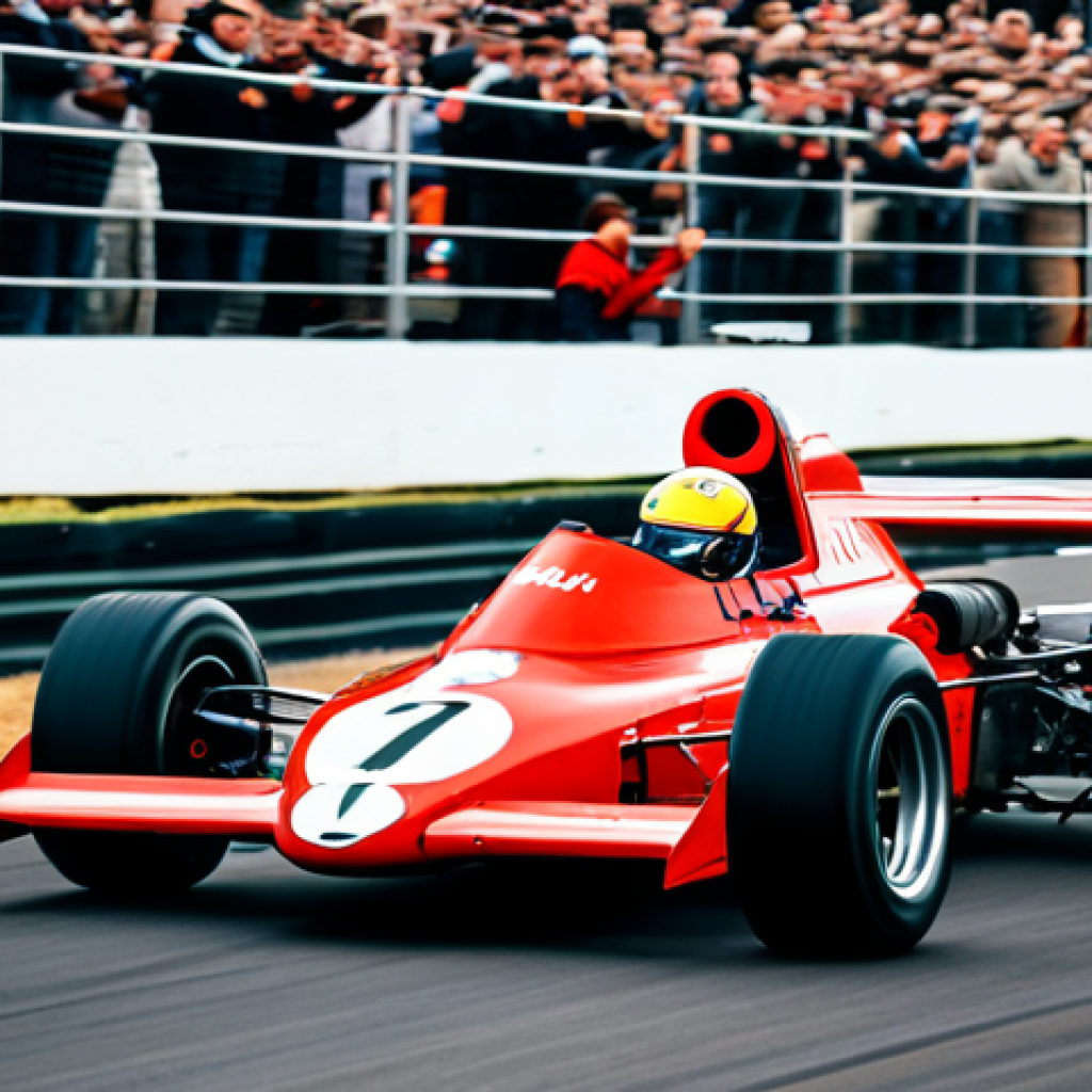 A powerful, vintage Formula 1 race car, reminiscent of the V10 engine era (early 2000s), speeding down a classic race track. The car is depicted in vivid detail, showcasing its raw mechanical power and classic livery. In the background, a blur of enthusiastic spectators in fully clothed, modest attire fill the grandstands, their excitement palpable, capturing the loud, thrilling atmosphere. The scene evokes a sense of high-octane energy and the golden age of motorsport sound. Safe for work, appropriate content, fully clothed, professional, perfect anatomy, correct proportions, natural pose, well-formed hands, proper finger count, natural body proportions, high-quality, professional photography, cinematic lighting.
