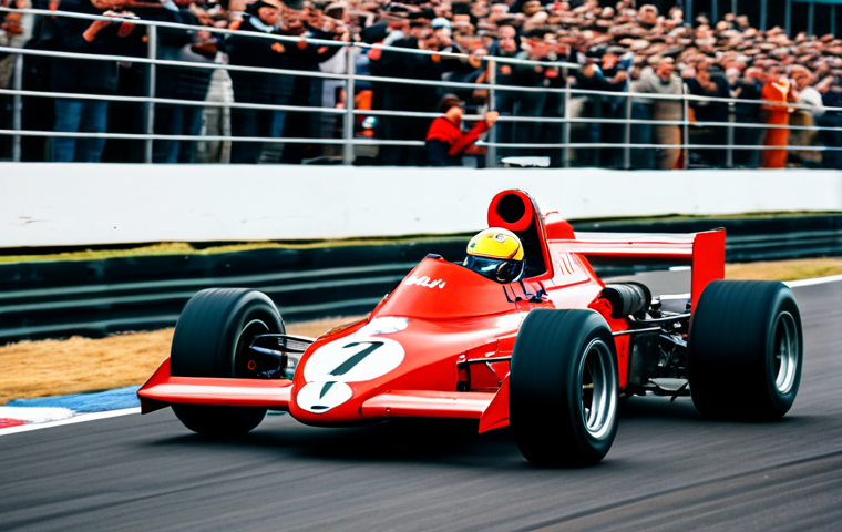 A powerful, vintage Formula 1 race car, reminiscent of the V10 engine era (early 2000s), speeding down a classic race track. The car is depicted in vivid detail, showcasing its raw mechanical power and classic livery. In the background, a blur of enthusiastic spectators in fully clothed, modest attire fill the grandstands, their excitement palpable, capturing the loud, thrilling atmosphere. The scene evokes a sense of high-octane energy and the golden age of motorsport sound. Safe for work, appropriate content, fully clothed, professional, perfect anatomy, correct proportions, natural pose, well-formed hands, proper finger count, natural body proportions, high-quality, professional photography, cinematic lighting.