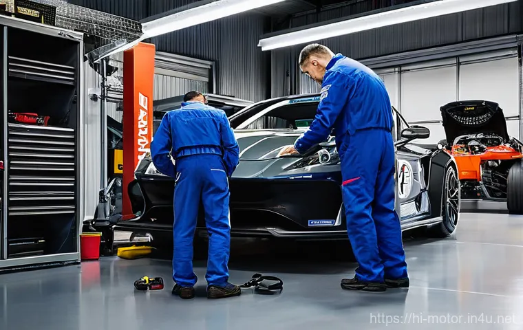 모터스포츠 테크니션의 역할 - **Motorsport Technicians in a High-Tech Garage - "The Unseen Architects of Victory"**
A vibrant,...