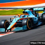 F1 머신의 코너링 기술 분석 - **Prompt:** A dynamic, high-angle action shot of a cutting-edge Formula 1 car navigating a tight hai...