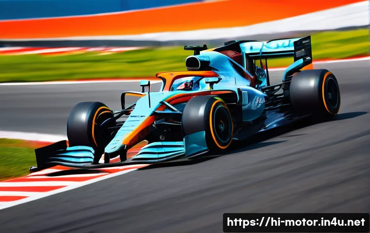 F1 머신의 코너링 기술 분석 - **Prompt:** A dynamic, high-angle action shot of a cutting-edge Formula 1 car navigating a tight hai...